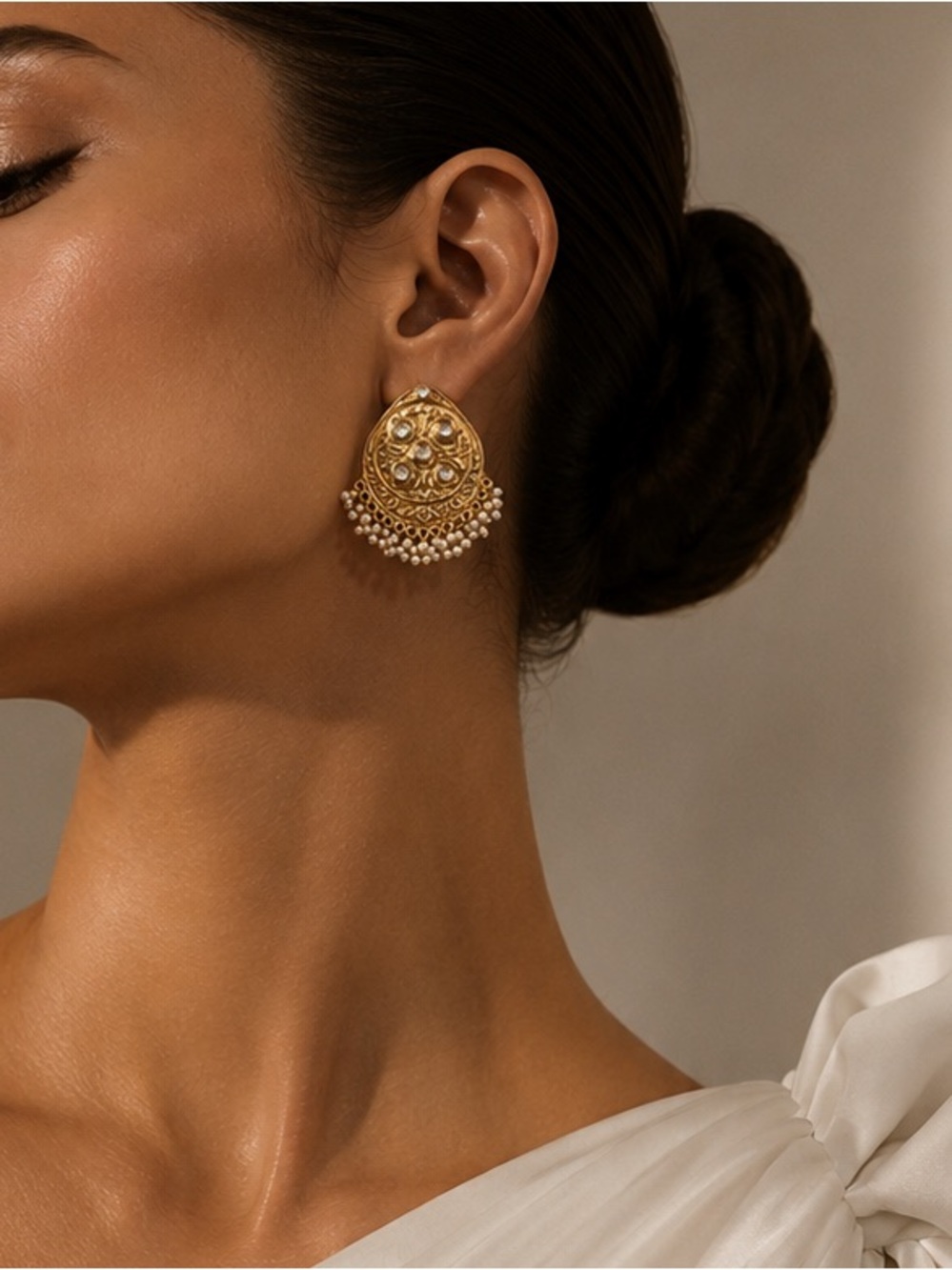 Gold Teardrop Filigree Earrings with Pearl Fringe